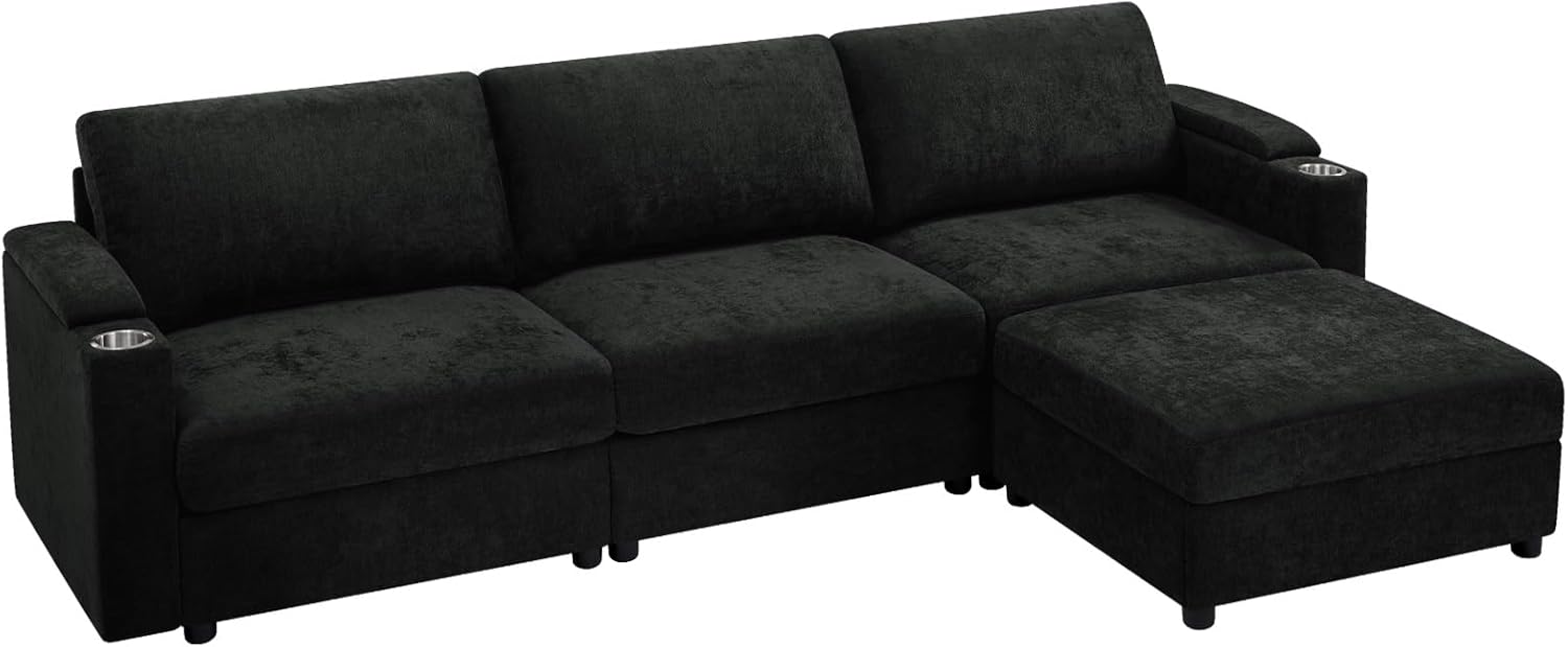 108'' Chenille Sectional Couch with Storage Armrests,L Shaped Upholstered Sofa with Movable Ottoman, 4-Seat Modular Couch with Cup Holders for Living Room, Black