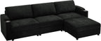 108'' Chenille Sectional Couch with Storage Armrests,L Shaped Upholstered Sofa with Movable Ottoman, 4-Seat Modular Couch with Cup Holders for Living Room, Black