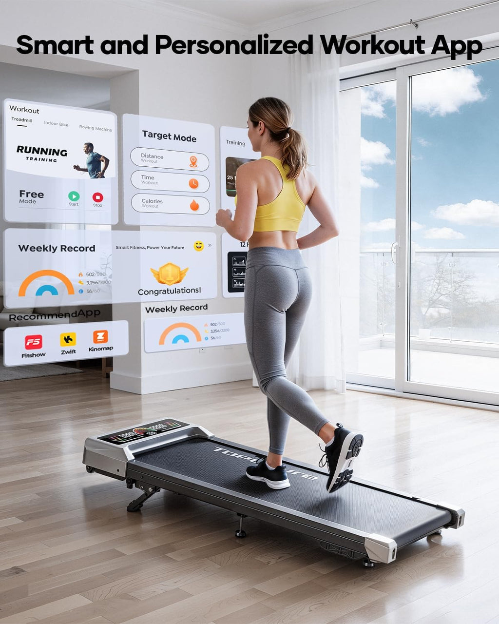 TOPUTURE Walking Pad with 10% Incline, 3.0HP Brushless Quiet Under Desk Treadmill, Portable Treadmills for Home/Office, Running Machine 300 lbs Capacity with RGB LED Screen, Remote Control/App Control