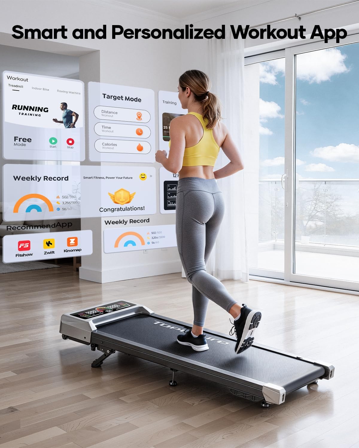 TOPUTURE Walking Pad with 10% Incline, 3.0HP Brushless Quiet Under Desk Treadmill, Portable Treadmills for Home/Office, Running Machine 300 lbs Capacity with RGB LED Screen, Remote Control/App Control