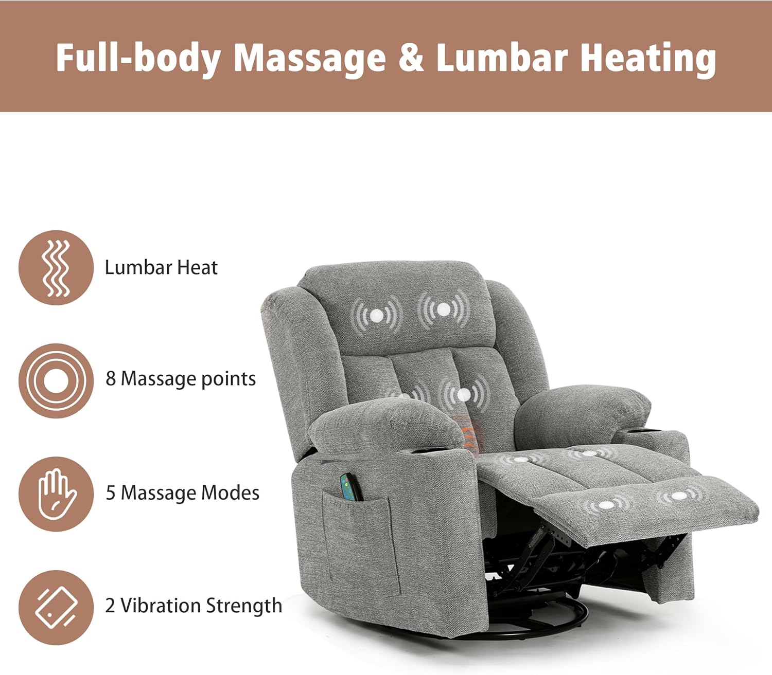 Rocker Swivel Recliner Chair for Adults, Overstuffed Large Manual Recliner Glider with Massage and Heat, Comfy Soft Fabric Living Room Reclining Sofa Chair (Lime Gray)