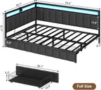 Hasuit Corner Bed Frame with Storage Drawers, Full Daybed with Line Fabric Upholstered Fence, Kids Bed Unit with LED Light and Charging Station, Modern Bed Frame Full Size, Gray