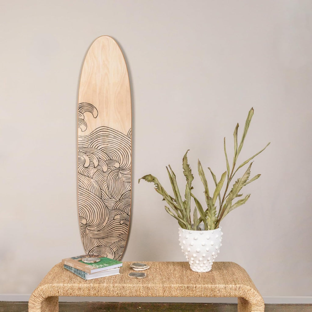 Creative Co-Op Coastal Decorative Surfboard Wall Décor, Wave Design Overlaid On Natural Wood, Hangs Vertical or Horizontal