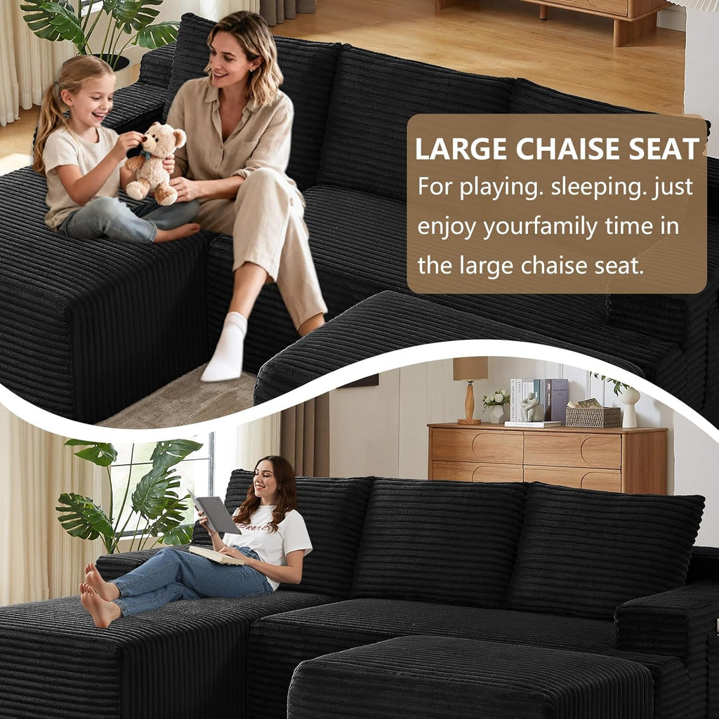 96" U-Shape Cloud Couch, Modern Modular Sectional L-Shape Sofa with Ottoman, Corduroy Upholstered Couches Deep Seat Sleeper Chaise Longue for Living Room, No Assembly Required(Black, Left Facing)