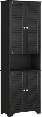 HOMCOM Tall Narrow Bathroom Storage Cabinet with Doors and Shelf Adjustability, Freestanding Linen Cabinet with 2 Cabinets and Countertop, Black
