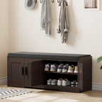 Homleke 2-Tier Storage Bench, Shoe Bench with Thickened Padded Seat Cushion, Entryway Bench with 4 Doors, Adjustable Shelf, 13.8" D x 45.3" W x 18.5" H, for Entryway, Living Room, Bedroom, Brown