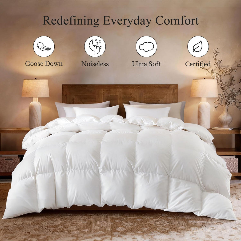 Globon Winter White Goose Down Comforter Queen Size,Down Duvet Insert,800 Fill Power,420 Thread Count Ultra Soft Noiseless Shell with Corner Tabs,White