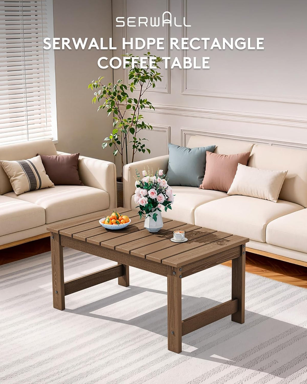 SERWALL Outdoor Coffee Table with 1.69" Umbrella Hole, HDPE Patio Coffee Table for Outside, Rectangle, Brown