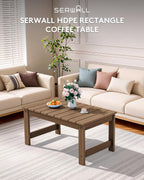SERWALL Outdoor Coffee Table with 1.69" Umbrella Hole, HDPE Patio Coffee Table for Outside, Rectangle, Brown