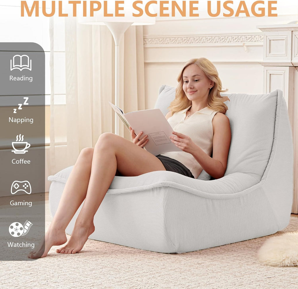 Bean Bag Chair for Adults, Single Lounge Chair with Lumbar Pillow, Comfy Floor Sofa with High-Resilience Foam, Lazy Accent Chair for Living Room, Bedroom, Apartment, Or Reading Corner, White