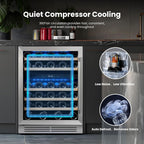 Yeego 24 Inch Wine Fridge Cooler - 52 Bottles Dual Zone Wine Cooler with Glass Door, 40-65℉ Built-In or Freestanding Refrigerator, Under Counter Wine Fridge for Kitchen Bar Office (Left-Hinged)