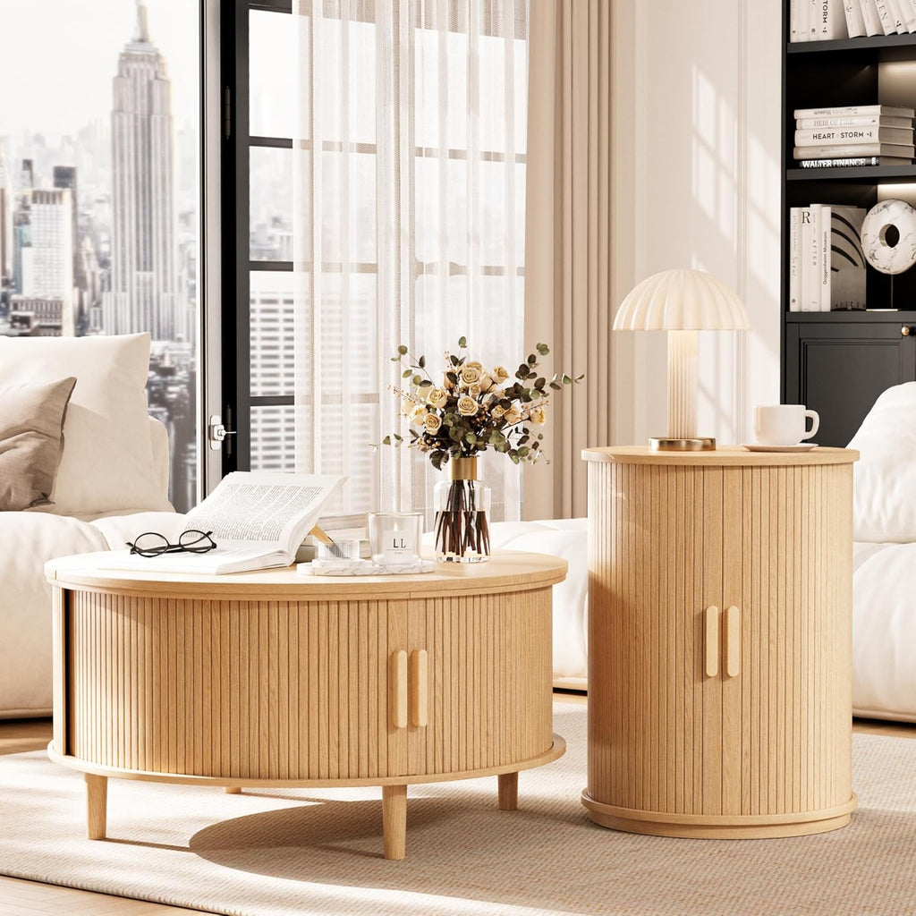 INNOD Round Coffee Table Lift Top with Storage, Fluted Drum Coffee Table for Living Room, Mid Century Modern Oak Wood Round Coffee Table with Sliding Tambour Door, Center Table (Boho Light Oak)