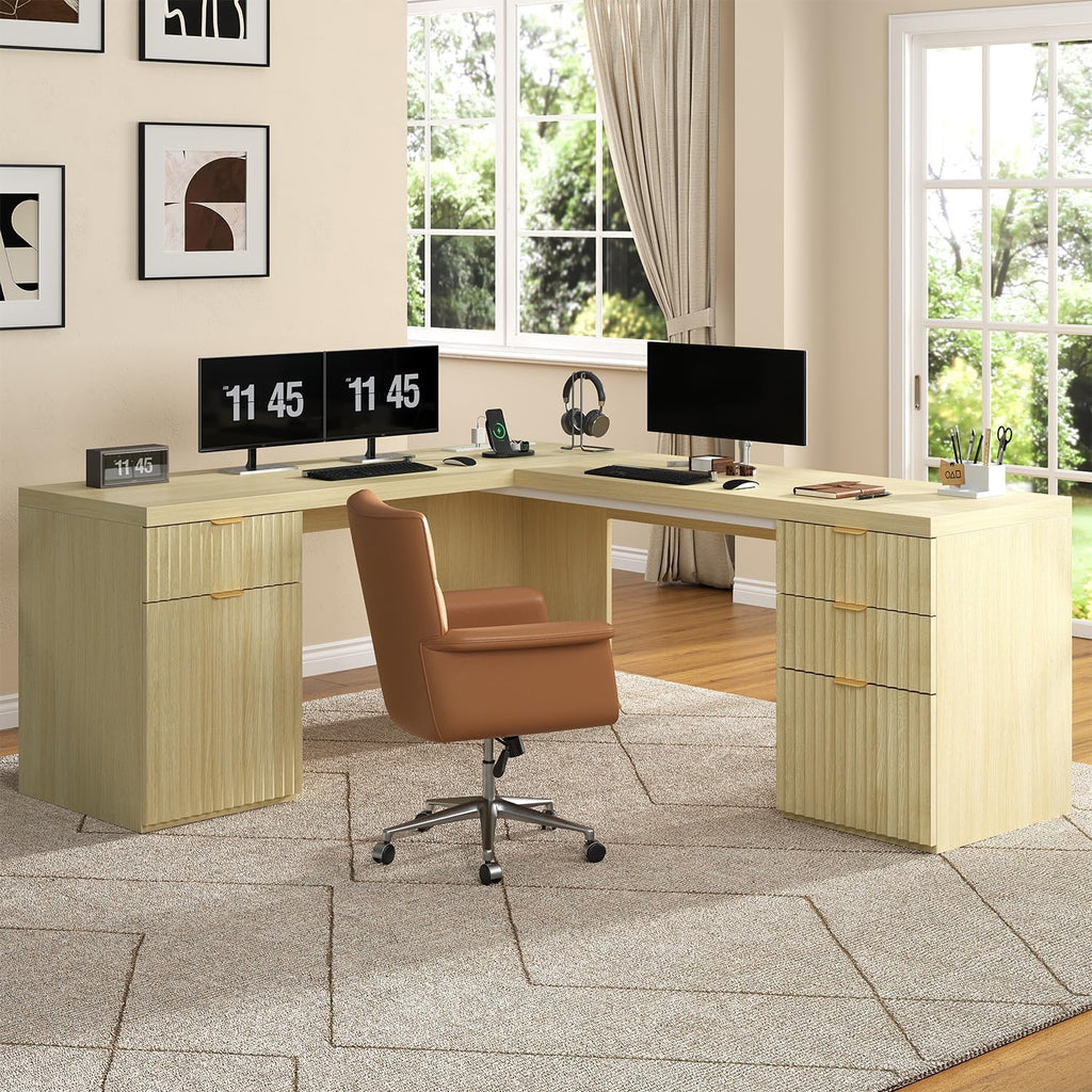 69" Modern L Shaped Executive Desk with Charging Station & File Drawer, Fluted Wood Home Office Corner Desk with Storage Drawers and Cabinet, Large Corner Computer Desk Writing Desk, Natural Oak
