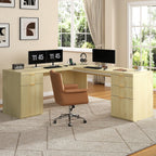 69" Modern L Shaped Executive Desk with Charging Station & File Drawer, Fluted Wood Home Office Corner Desk with Storage Drawers and Cabinet, Large Corner Computer Desk Writing Desk, Natural Oak