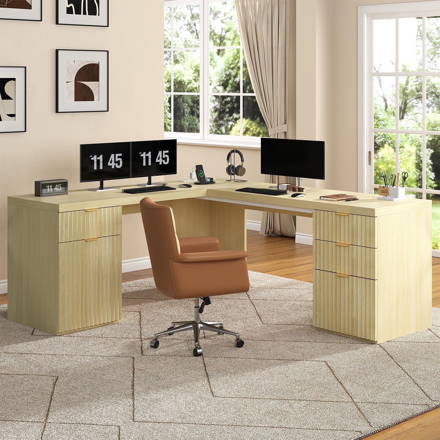 69" Modern L Shaped Executive Desk with Charging Station & File Drawer, Fluted Wood Home Office Corner Desk with Storage Drawers and Cabinet, Large Corner Computer Desk Writing Desk, Natural Oak