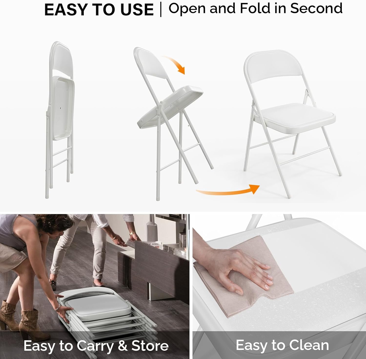 VINGLI 6 Pack Folding Chairs with Padded Seats, Metal Frame with Pu Leather Seat & Back, Capacity 350 lbs, White