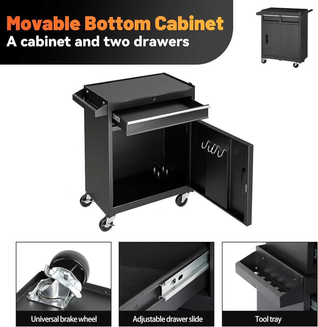 5 Drawers Tool Cart on Wheels with 1 Cabinet, Multifunctional Removable Rolling Tools Chest Storage Set, Tool Trolley Organizer Tools Box for Garage,Warehouse,Repair Shop,Workshop (Black)