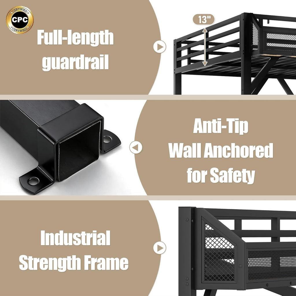Bellemave Queen Loft Bed Frame with Storage Stairs, Beside Shelf & Wardrobe, Metal Queen Size Loft Bed with USB Ports&LED Light, Large Under-Bed Space Loft Beds for Adults,Teens, Kids, Black Natural