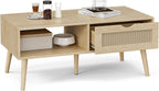 ZttRiee Coffee Table with Storage, Boho Dining Table with Rattan Drawer and Solid Wood Legs, Small Coffee Tables for Living Room, Oak