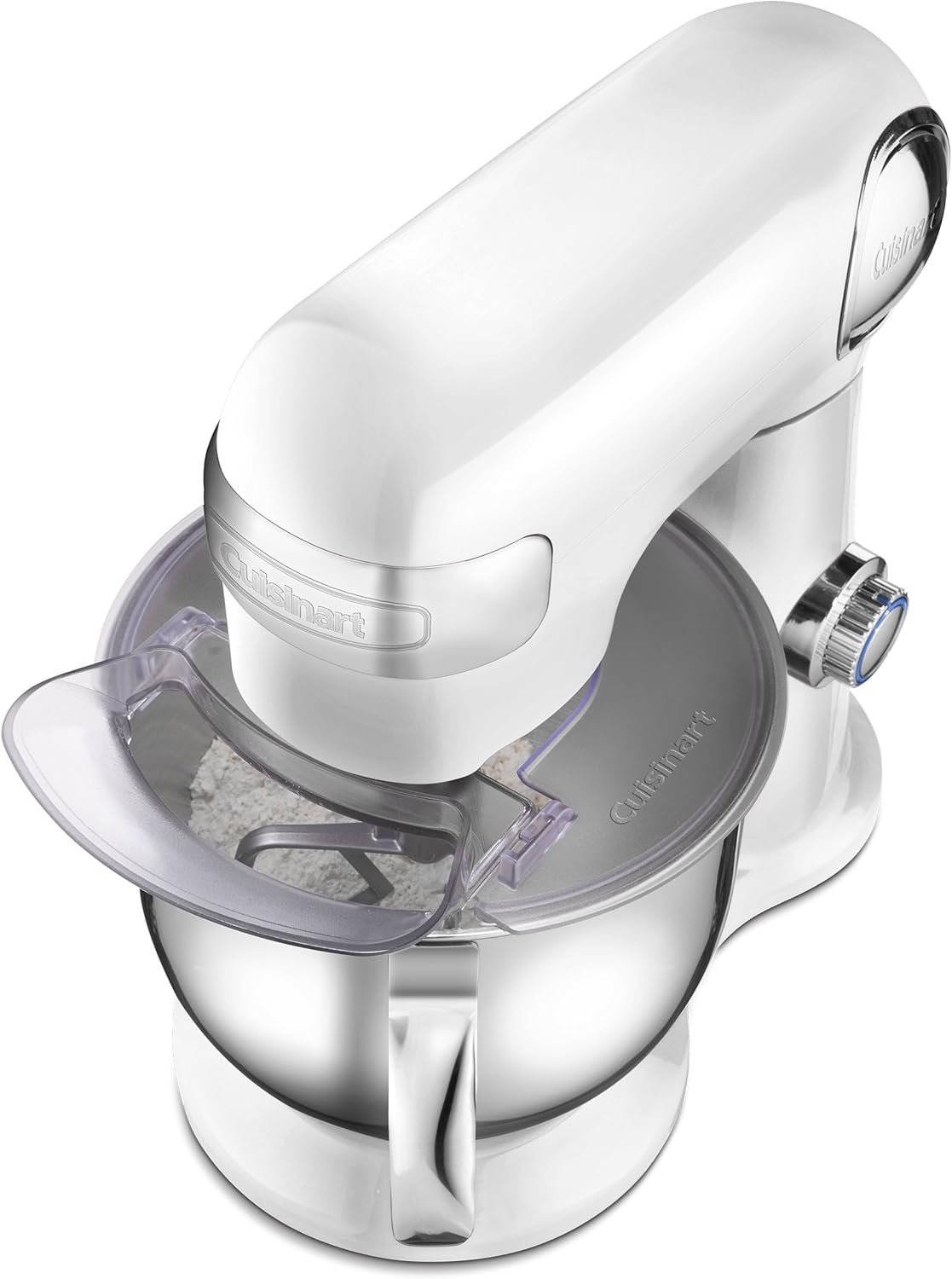 Cuisinart Stand Mixer, 12 Speed, 5.5 Quart Stainless Steel Bowl, Chef's Whisk, Mixing Paddle, Dough Hook, Splash Guard w/ Pour Spout, White Linen, SM-50, Manual
