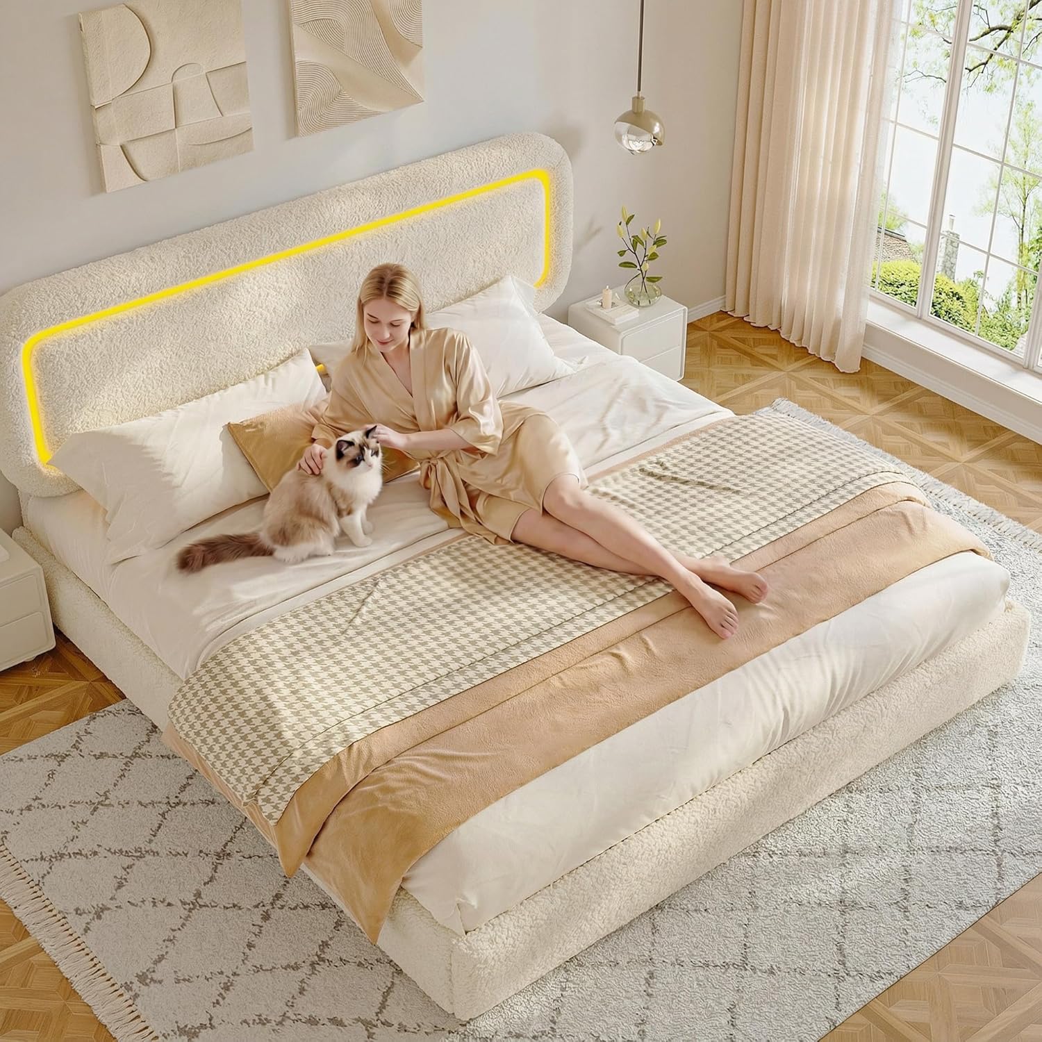 Cloud Bed Frame King,Soft King Size Bed Frame and Headboard,Boucle Upholstered King Platform Bed Frame,Anti-Collision Round Corners,No Box Spring Needed,Modern,Beige