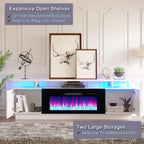 AMERLIFE Fireplace TV Stand with 36" Fireplace, 70" Modern Fireplace Entertainment Center LED Lights, 2 Tier TV Console Cabinet for TVs Up to 80", Ivory White