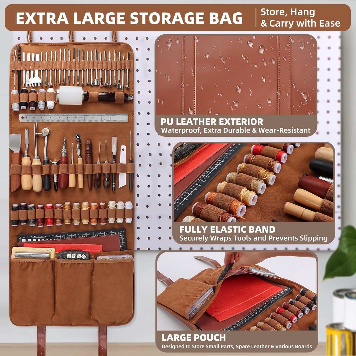 Leather Working Tooling Kit All-in-One Set Leatherworking Crafting Tools with Apron Custom Handbag Cutting Mats Stamping Engraving Punching Sewing Sanding Tools for Leather Making Repair Professional