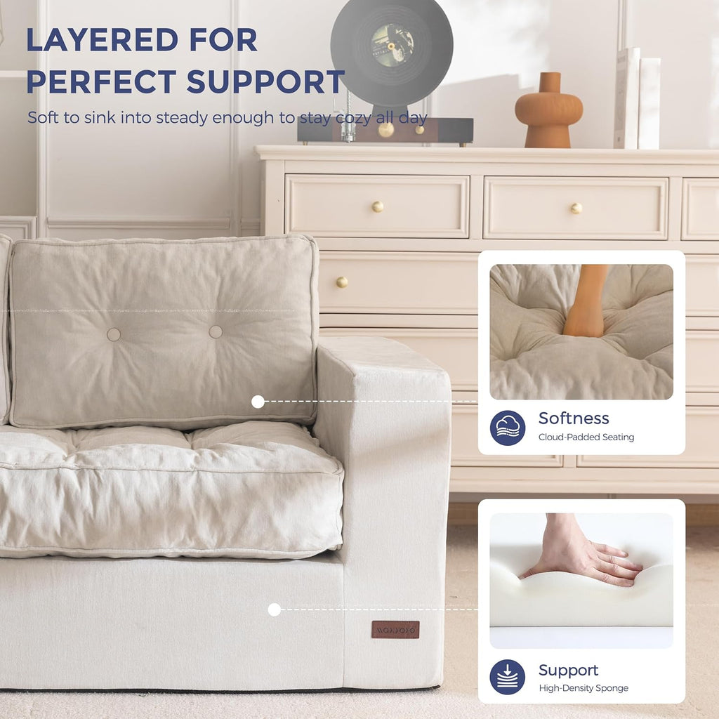 MAXYOYO 3-Seater Boneless Sofa Couch, Tufted Sofa Lounge for Living Room, Comfy Bean Bag Chair High-Density Foam Couch with Pillows, No Assembly Required