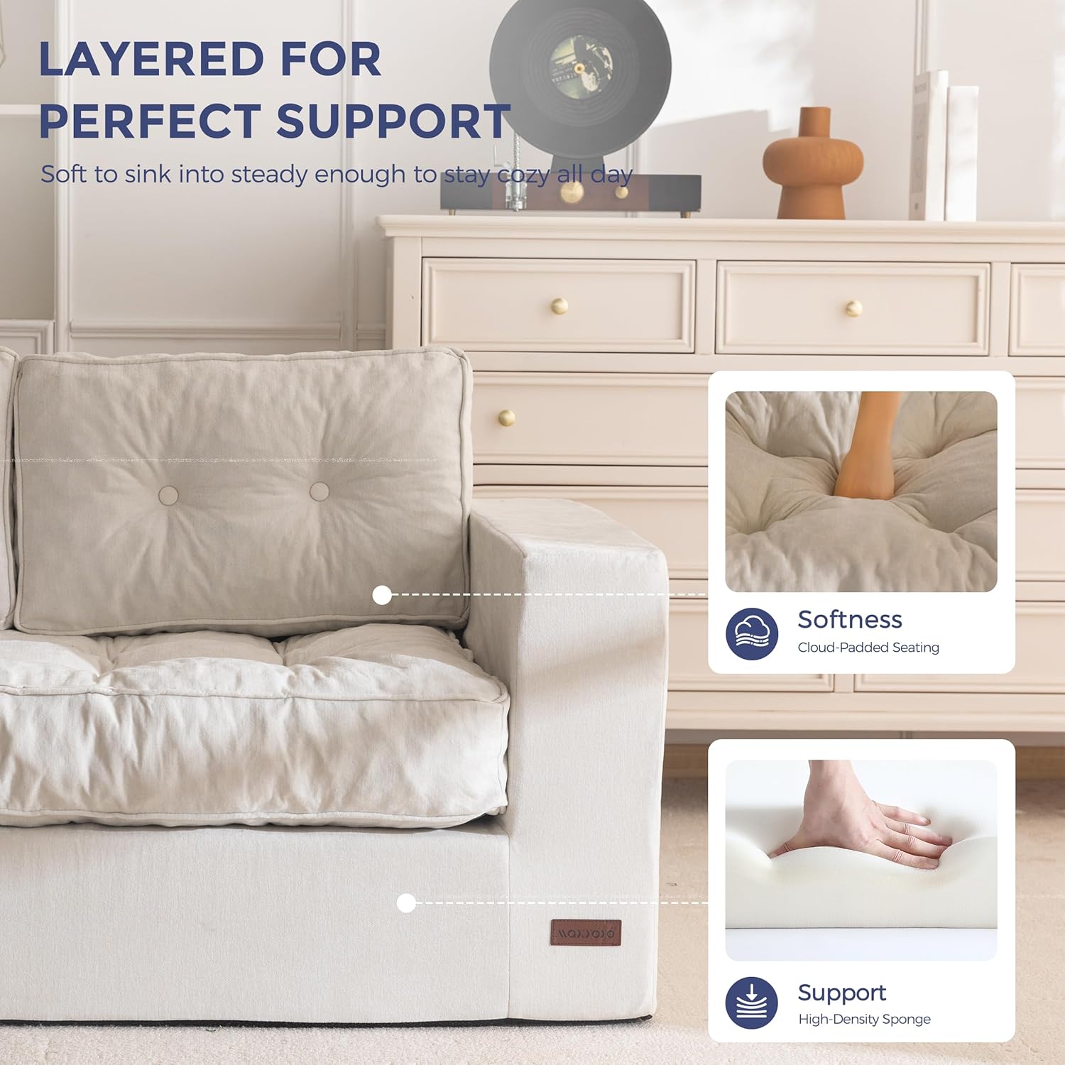 MAXYOYO 3-Seater Boneless Sofa Couch, Tufted Sofa Lounge for Living Room, Comfy Bean Bag Chair High-Density Foam Couch with Pillows, No Assembly Required