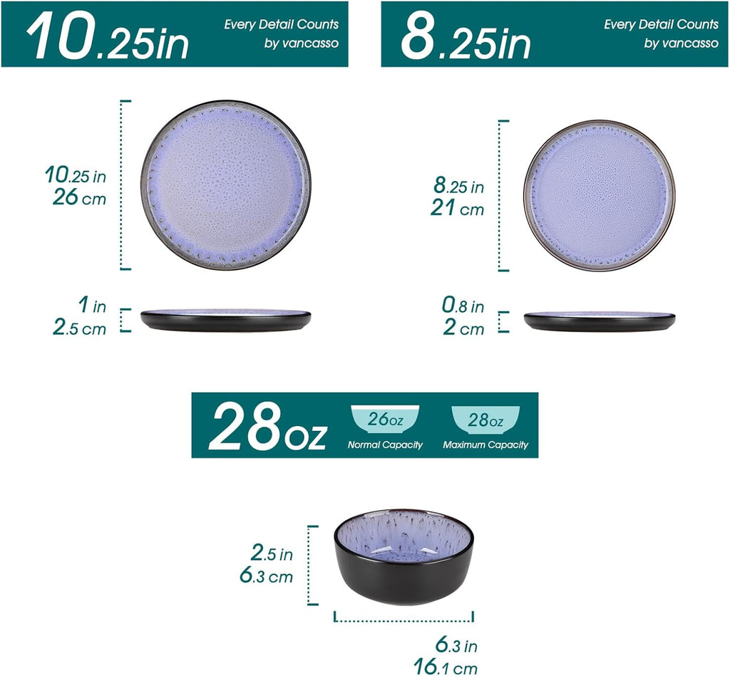 vancasso Plates and Bowls Sets, 18 Pieces Stoneware Dinnerware Sets for 6, Kitchen Dish Set Mircowave and Dishwasher Safe Dinner Set Ceramic Dishware, Light Purple, Series AMBER