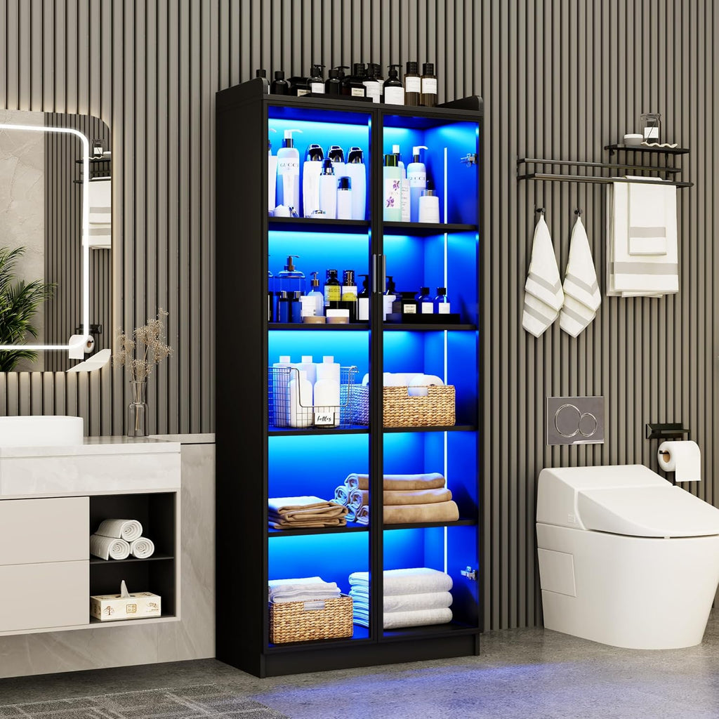 Display Cabinet with Doors and Adjustable Shelves, 65" Tall Bookcase with LED Lights/Human Sensor, 5 Tier Display Case for Collectibles Bedroom Living Room Office, Black