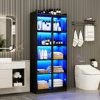 Display Cabinet with Doors and Adjustable Shelves, 65" Tall Bookcase with LED Lights/Human Sensor, 5 Tier Display Case for Collectibles Bedroom Living Room Office, Black