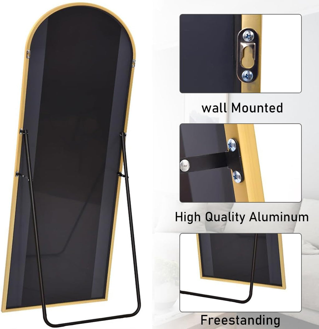 Floor Length Mirror, 76"x34" Arch Full Length Mirror Hanging or Leaning, Body Mirrors with Stand, Arched-Top Wall Mounted Mirrors with Aluminum Frame for Bedroom (Gold)
