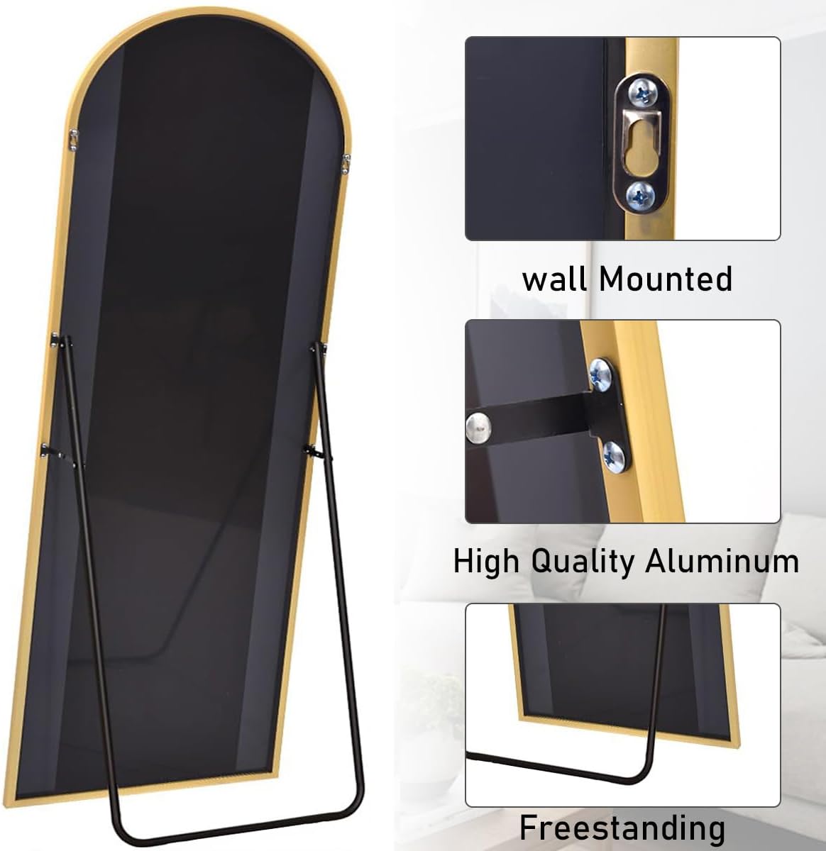 Floor Length Mirror, 76"x34" Arch Full Length Mirror Hanging or Leaning, Body Mirrors with Stand, Arched-Top Wall Mounted Mirrors with Aluminum Frame for Bedroom (Gold)