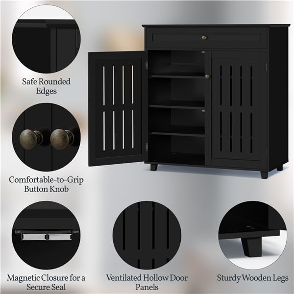 Yaheetech Shoe Cabinet, 4-Tier Shoe Storage Cabinet with Drawer & Adjustable Shelves, Shoe Rack Cabinet for Entryway, Hallway, Living Room, Black