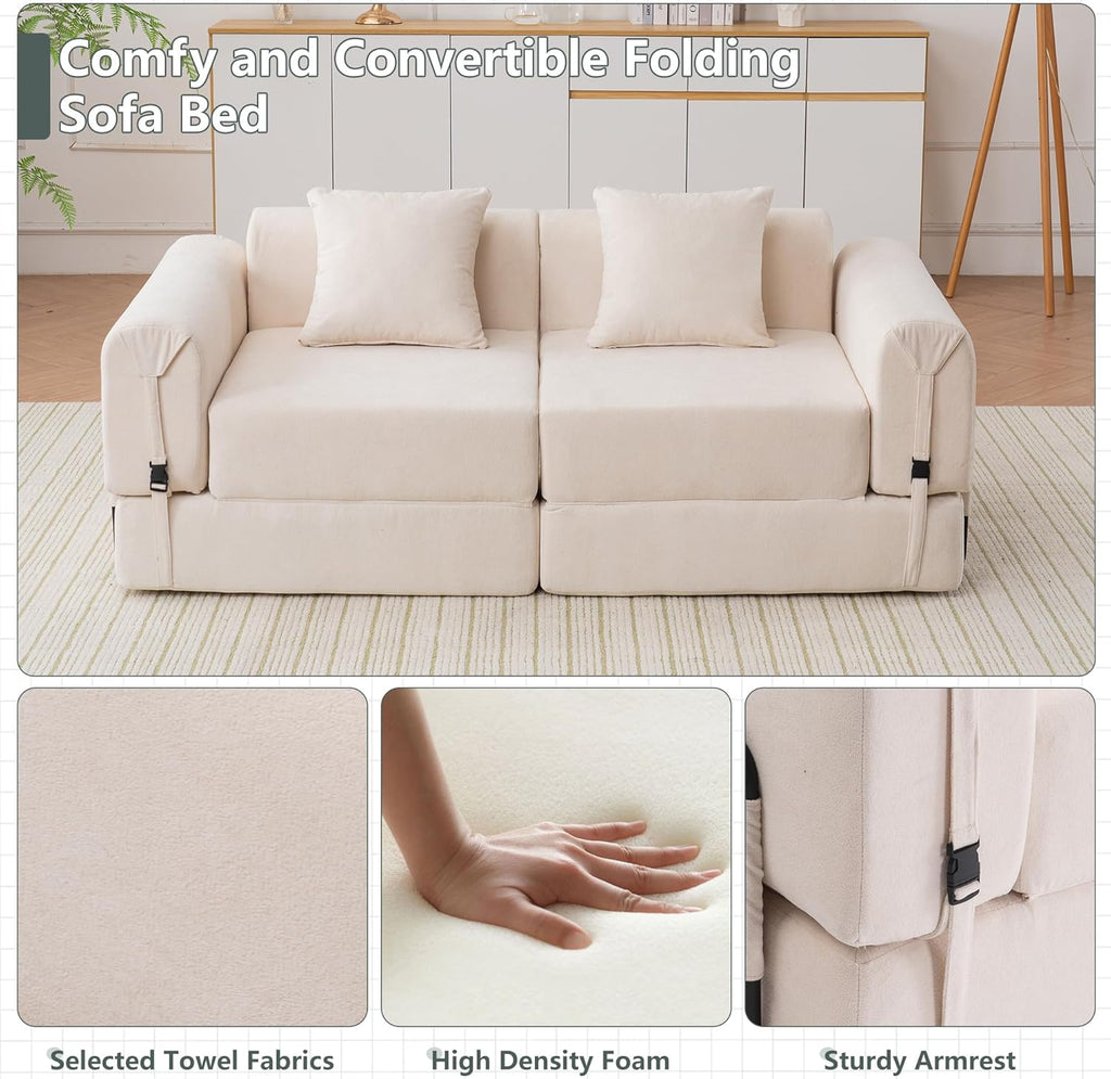 GNIXUU 71.3" Convertible Sleeper Sofa Bed, Modern Convertible Boneless Couch with Foldable/Pull Out Bed, Compressed Modular Futon Couch with Pillows & Storage Pocket for Living Room Bedroom, Beige