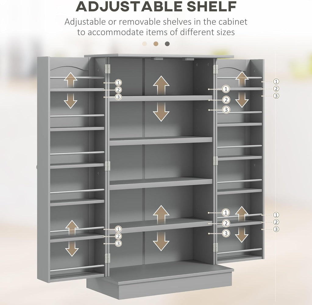 HOMCOM 41" Kitchen Pantry Storage Cabinet, Freestanding Kitchen Cabinet with 12 Door Shelves, Double Doors, 5-Tier Shelving and Adjustable Shelves, Gray