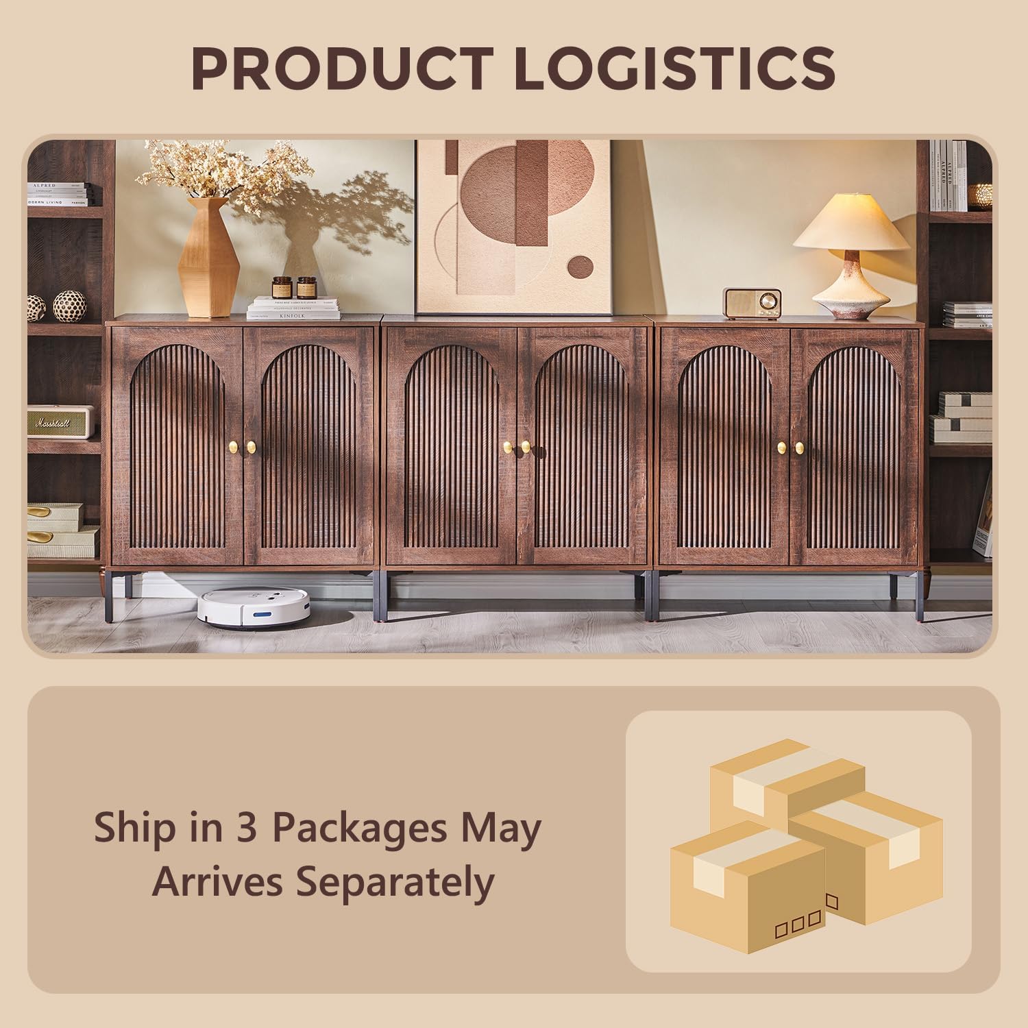 Modern TV Stands for 80 Inch TVs, 92.63" W Wood Entertainment Center w/Adjustable Shelves, Mid Century Modern TV Stand w/Arched Fluted Doors, Media Console Cabinet for Living Room, Brown