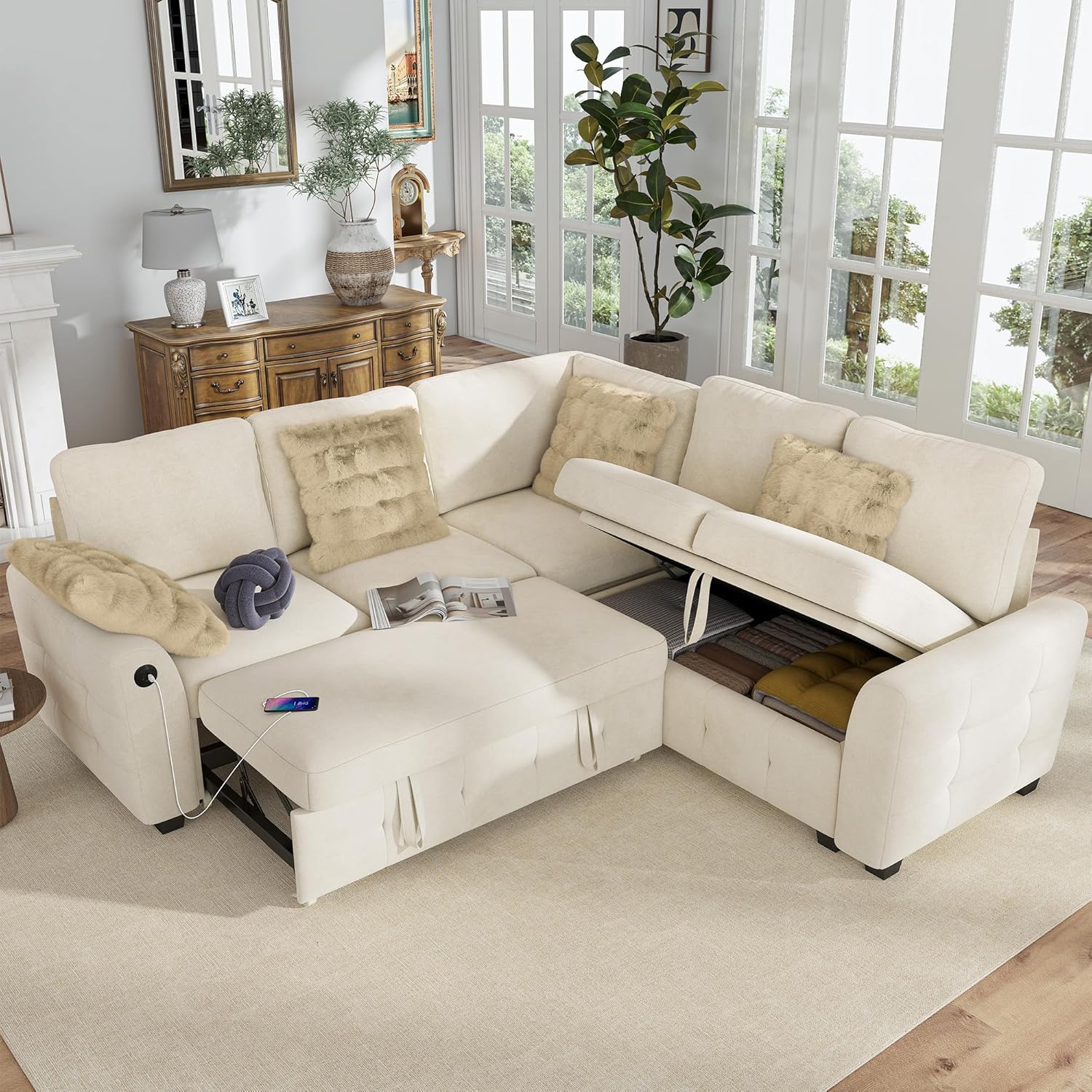 Hanherry Sectional Couch with Pull Out Sofa Bed,Chenille Sleeper Sofa with 2 Seat Storage & USB Charging,Comfy L Shaped Modular Couches for Living Room,Apartment