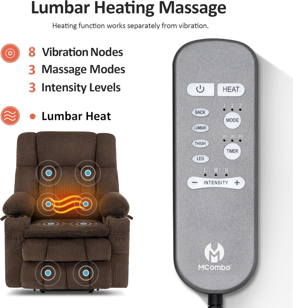 MCombo Dual Motor Large Power Lift Recliner Chair for Elderly, Lay Flat Lift Chair with Heat and Massage, Big Lift Recliner for Tall People, Cup Holders, Fabric 7896 (Large, Mocha)