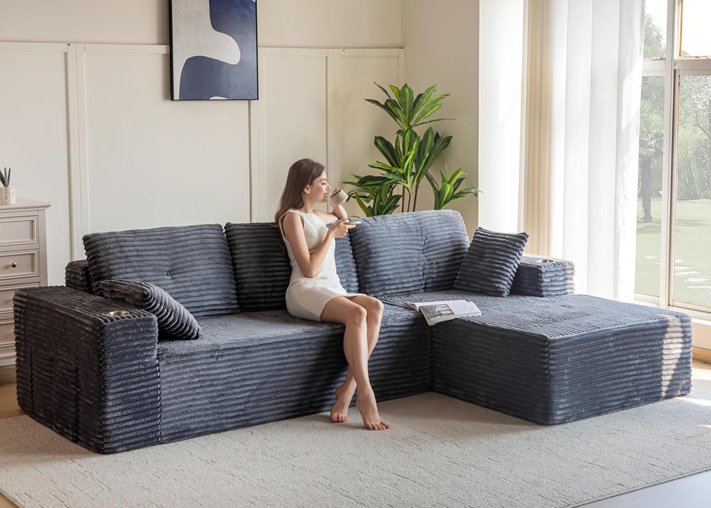 MAXYOYO 104" Modular Sectional Couch with L-Shape Chaise, Modern Boneless Couch for Living Room, Sofa in A Box, Oversized Sofa Sleeper with Deep Seat, No Assembly Required, Dark Grey
