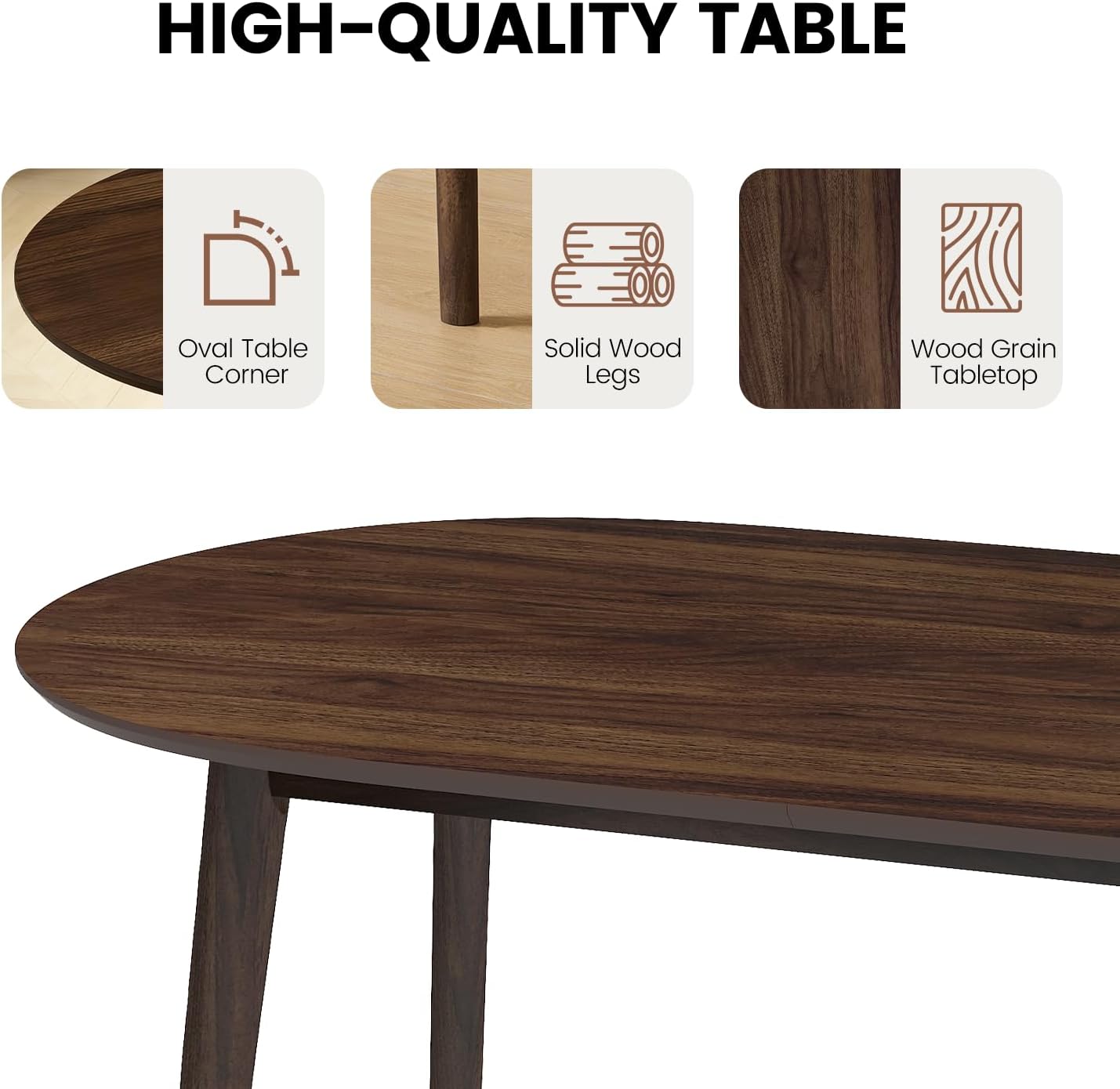 63" Oval Dining Table Set for 4, 5 Piece Modern Dining Table Set for Kitchen and Dining Room, Solid Wood Legs Dining Table with 4 Checkered PU Leather Dining Chairs（Walnut Table+4 Brown Chairs)