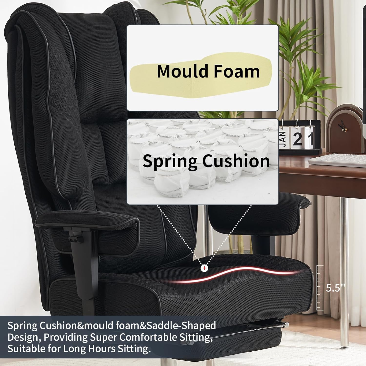 Big and Tall Office Chair 400lbs Wide Seat, Leather High Back Executive Office Chair with Foot Rest, Ergonomic Chairs Lumbar Support for Lower Back Pain Relief (Mesh Black)