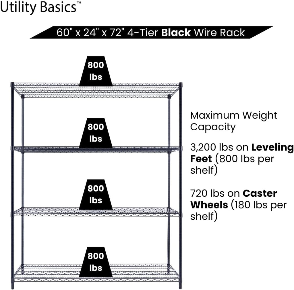 NSF Commercial 4-Tier Wire Shelving with Wheels, 60"x24"x72" Heavy Duty Metal Shelves 3200 lbs Max Capacity, Black Storage Rack for Garage Kitchen Pantry Warehouse