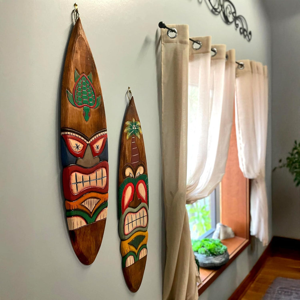 Set of 2 Wooden Tiki Surfboard Wall Decor, 39" Hand-Carved Surfboards with Sea Turtle and Palm Tree Designs, Hand-Painted Tropical Wall Art, Coastal Beach House Accent, Rustic Bar or Patio Hanging