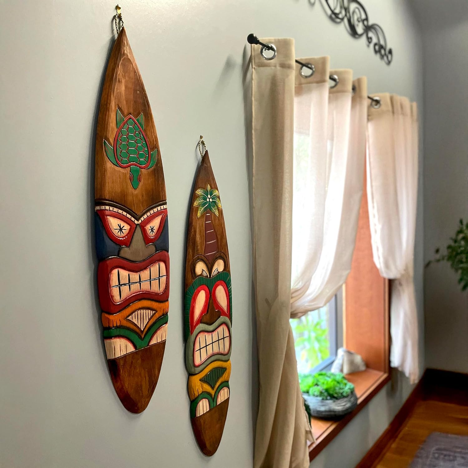 Set of 2 Wooden Tiki Surfboard Wall Decor, 39" Hand-Carved Surfboards with Sea Turtle and Palm Tree Designs, Hand-Painted Tropical Wall Art, Coastal Beach House Accent, Rustic Bar or Patio Hanging