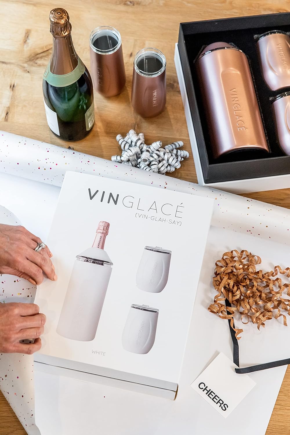 Vinglacé Champagne Bottle Chiller Gift Set- Portable Stainless Steel Sparkling Wine Cooler with 2 Stemless Champagne Flutes, White
