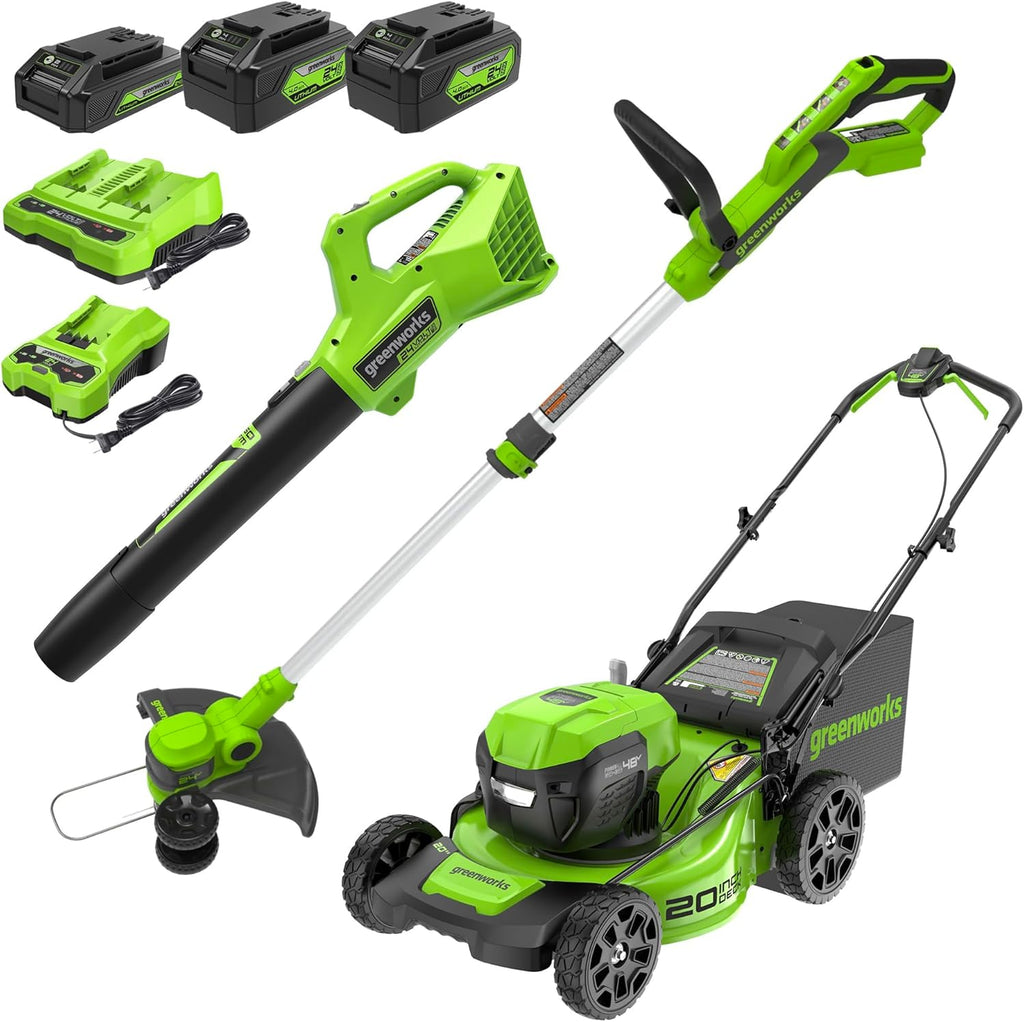 Greenworks 48V (24V x 2) 20" Cordless Battery Mower  12" String Trimmer/Edger  & 320 CFM Blower Combo Kit w/ (2) 4.0Ah Batteries  (1) 2.0Ah Battery & Chargers