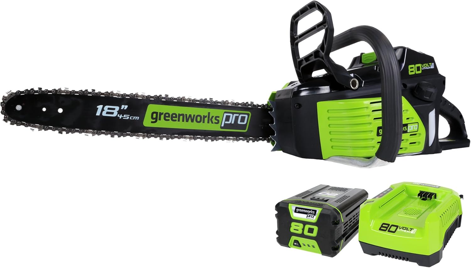 Greenworks 80V 18" Brushless Cordless Chainsaw (Great For Tree Felling  Limbing  Pruning  and Firewood) / 75+ Compatible Tools)  2.0Ah Battery and Rapid Charger Included