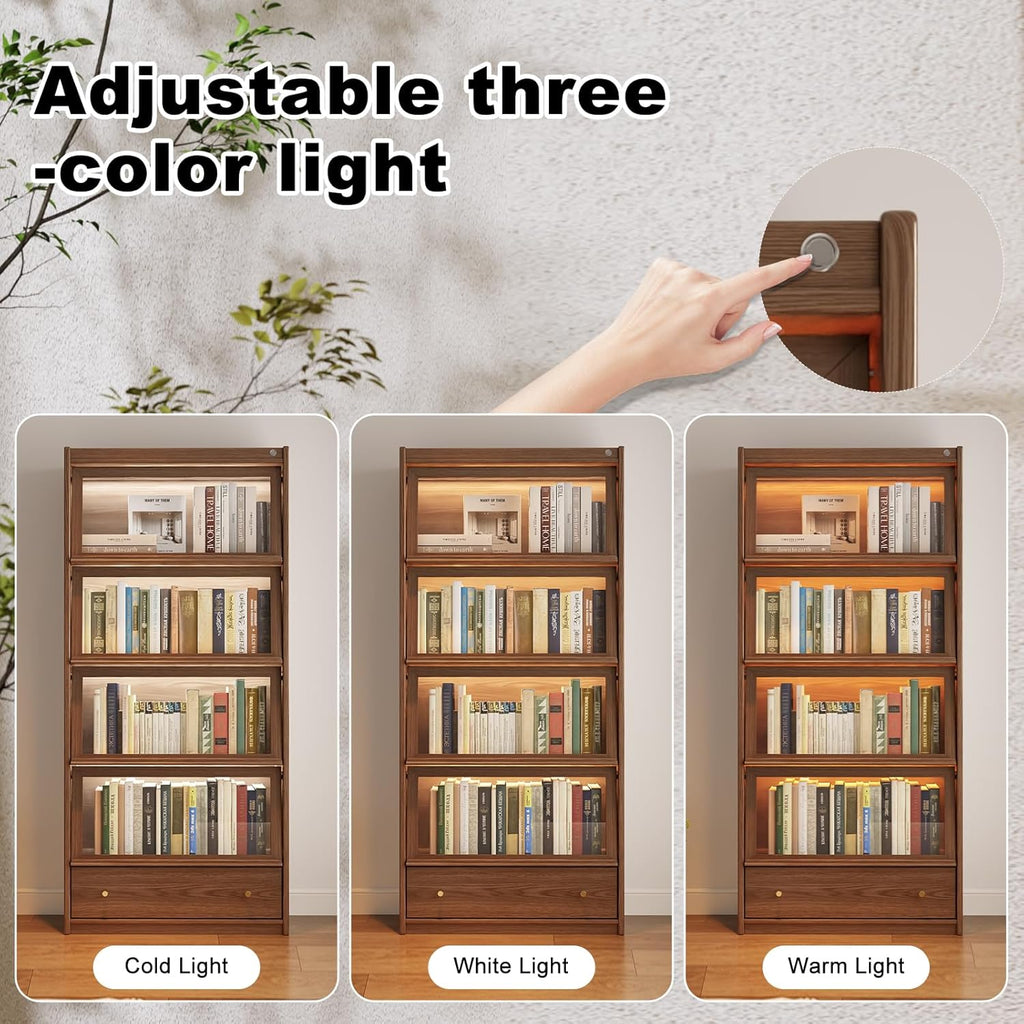 AQIMUELE Solid Wood Bookcase - 5-Tier Book case with 3 Color LED, 73.5" H x 32" W Tall Bookshelf with Clear Glass Doors and Storage Display Case Cabinet for Living Room